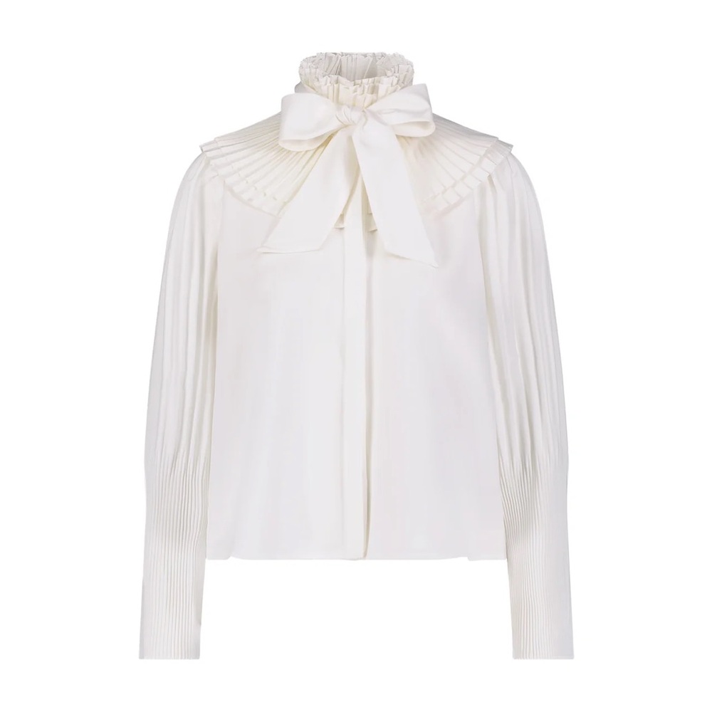 Cream Long Sleeve Pleated Blouse with Bib Collar